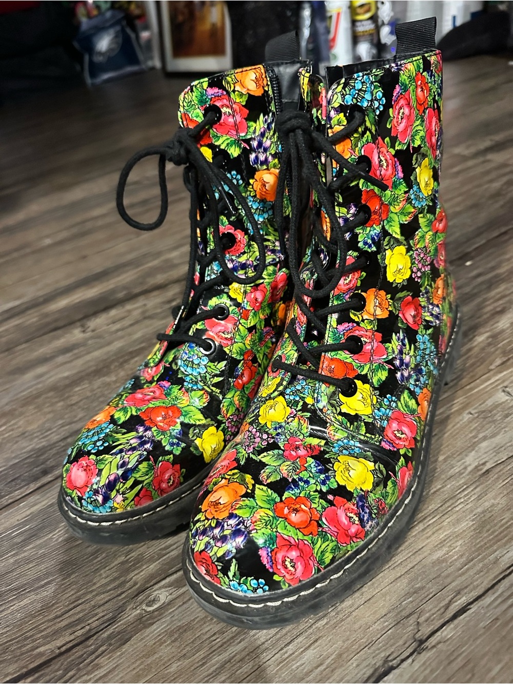 Betsey Johnson Betseyville Floral Lace-Up Combat Boots - Black Multi
